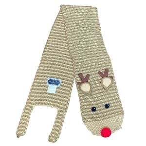Mud Pie Reindeer Knit Scarf Sz 3T+ Brown 40" Girls Kids Winter Christmas Holiday